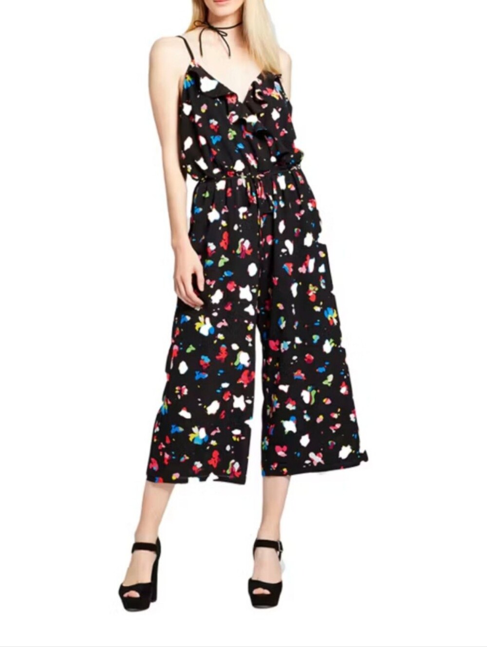 Women's Size L Notations Black/Colorful Printed Ruffle Front Wide Leg Jumpsuit